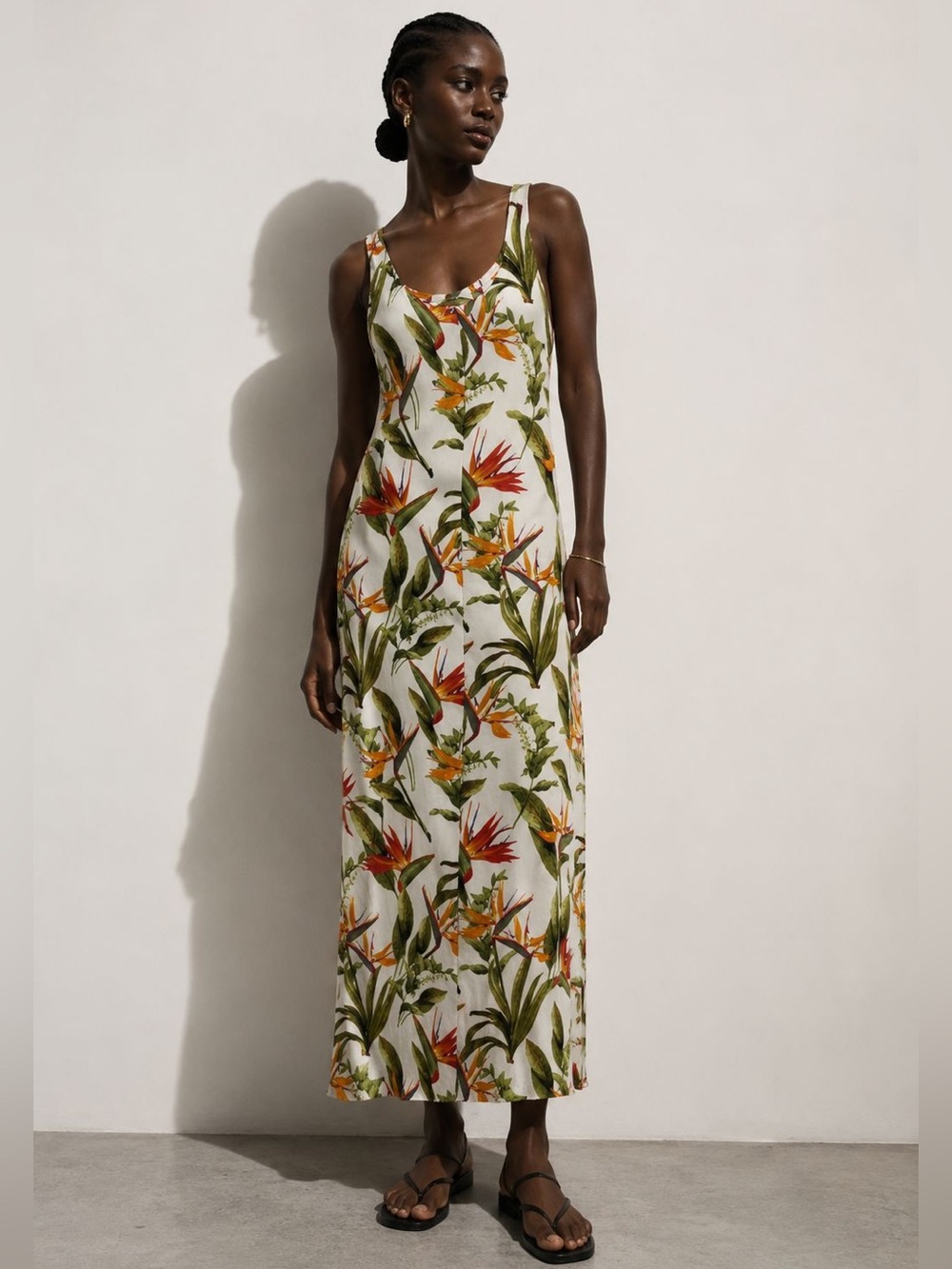 2Dye4 Tropical Floral Maxi Dress – White with Orange & Green Print – Women’s - M